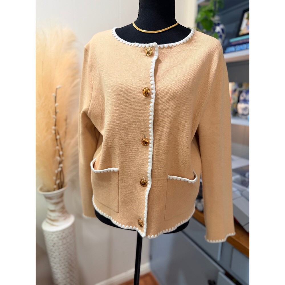 Camel Beige Collarless Knit Cardigan Jacket White Blanket Stitch Gold Buttons M